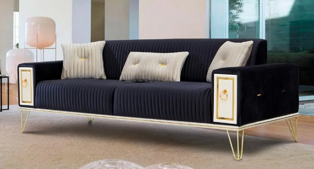 Nur Heute Casa Padrino sofá cama de lujo azul oscuro / blanco / oro 220 x 90 x A. 80 cm - Sofá de salón moderno - Muebles de salón