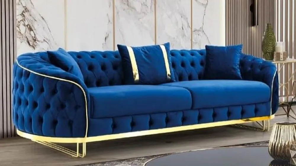 Echt Casa Padrino sofá Chesterfield de lujo azul / oro 240 x 95 x A. 72 cm - Sofá de salón moderno - Muebles de Salón Chesterfield