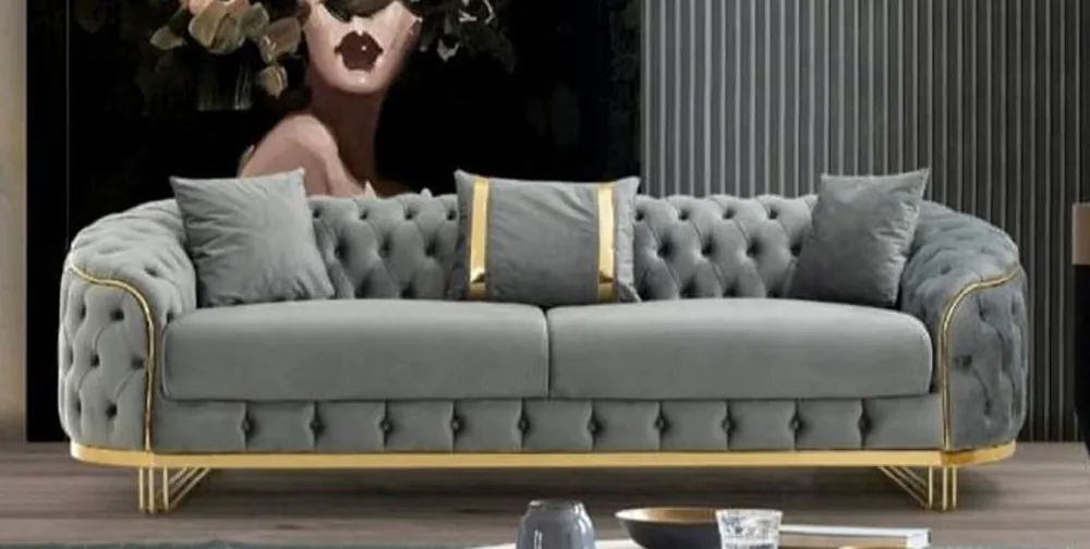 Casa Padrino sofá Chesterfield de lujo gris / oro 240 x 95 x A. 72 cm - Sofá de salón moderno - Muebles de Salón Chesterfield Zertifiziert