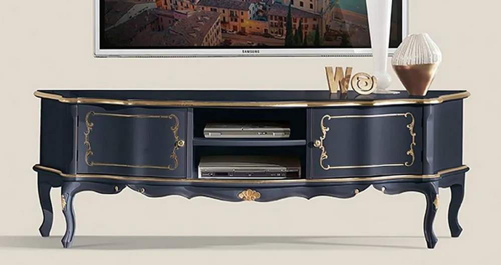 Casa Padrino gabinete de TV barroco de lujo azul / oro - Aparador de madera maciza hecho a mano con 2 puertas - Muebles de salón barrocos - Calidad de Lujo - Hecho en Italia Kracherpreis