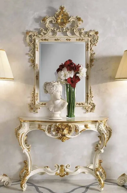 Expressversand Casa Padrino consola de espejo barroco de lujo marfil / oro - Magnífica consola barroco con espejo de pared - Muebles Barrocos de Hotel y Castillo - Calidad de Lujo - Hecho en Italia