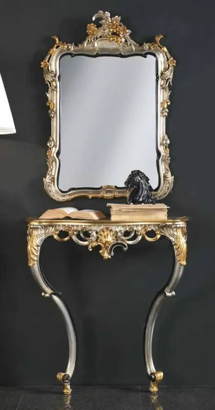 Rabatt Casa Padrino consola de espejo barroco de lujo plata / oro - Magnífica consola barroco con espejo de pared - Muebles Barrocos de Hotel y Castillo - Calidad de Lujo - Hecho en Italia