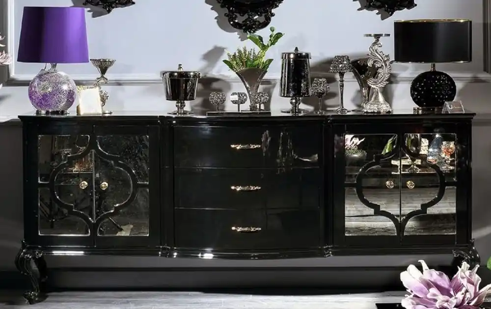 Casa Padrino aparador barroco de lujo negro / oro - Magnífico gabinete de madera maciza con 4 puertas y 3 cajones - Muebles Barroco Sonderangebot