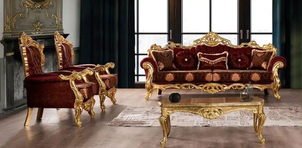 Casa Padrino conjunto de sala de estar barroco de lujo rojo burdeos / oro - 2 Sofás con Patrón y 2 Sillones con Patrón y 1 Mesa de Centro - Magnífica muebles de salón barrocos Super-Preis