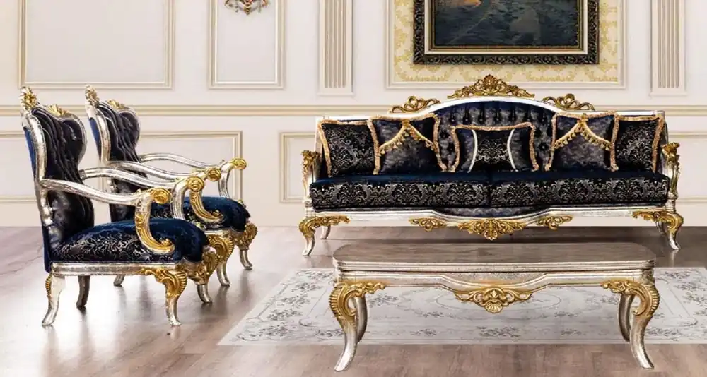Casa Padrino conjunto de sala de estar barroco de lujo azul real / negro / plata / oro - 2 Sofás Barrocos y 2 Sillones Barrocos y 1 Mesa de Centro Barroco - Muebles de salón barrocos Expressversand