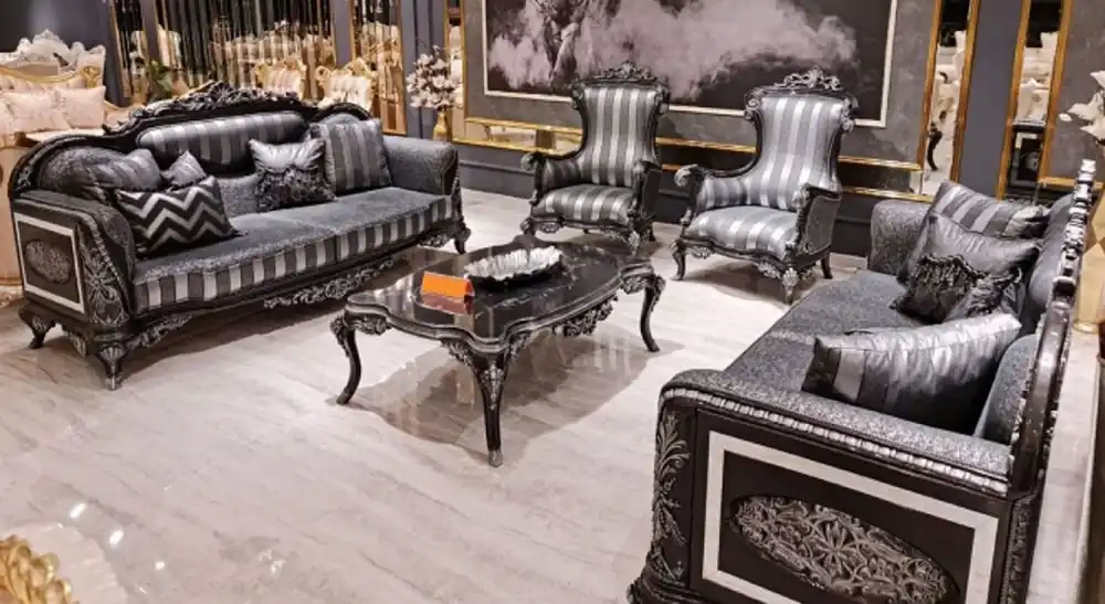 Casa Padrino conjunto de sala de estar barroco de lujo gris / negro / plata - 2 Sofás Barrocos y 2 Sillones Barrocos y 1 Mesa de Centro Barroco - Muebles de salón barrocos Expressversand