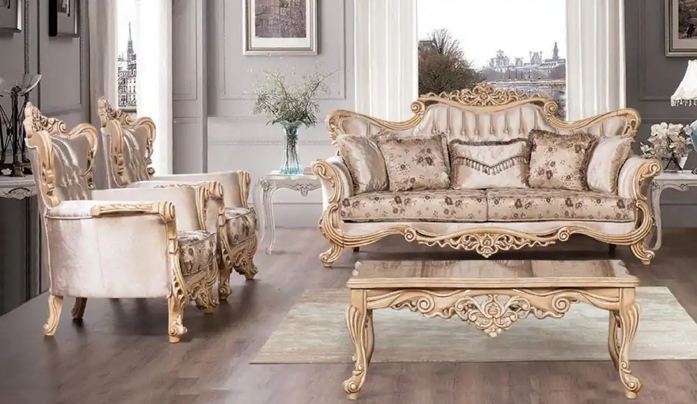 Markenprodukt Casa Padrino conjunto de sala de estar barroco de lujo beige / marrón / naturale - 2 Sofás Barrocos con Patrón y 2 Sillones Barrocos con Patrón y 1 Mesa de Centro Barroco - Muebles Barrocos