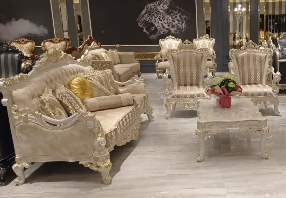 Casa Padrino conjunto de sala de estar barroco de lujo gris / oro - 2 Sofás Barrocos con Patrón y 2 Sillones Barrocos con Patrón y 1 Mesa de Centro Barroco - Muebles Barrocos Sale