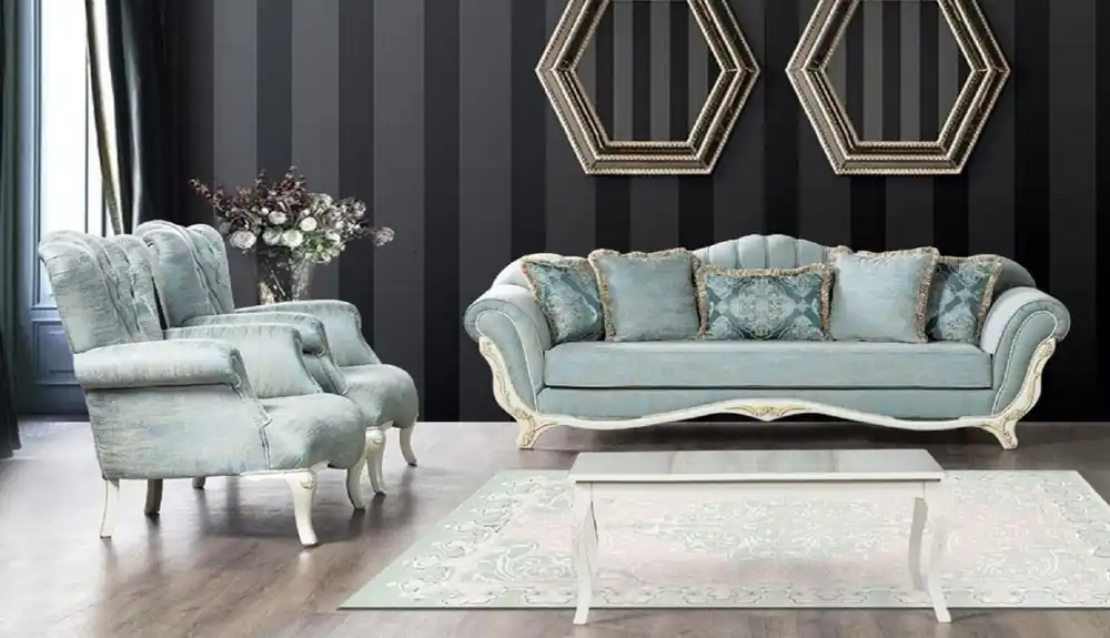 Must-Have Casa Padrino conjunto de sala de estar barroco de lujo turquesa / blanco / oro - 2 Sofás Barrocos y 2 Sillones Barrocos y 1 Mesa de Centro Barroco - Muebles de Salón Barrocos