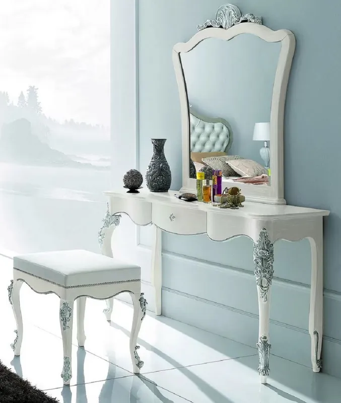 Casa Padrino Conjunto de Dormitorio Barroco de Lujo - 1 Consola de Maquillaje Barroco y 1 Espejo de Pared Barroco y 1 Taburete Barroco - Muebles de Dormitorio - Calidad de Lujo - Hecho en Italia Solange Der Vorrat Reicht