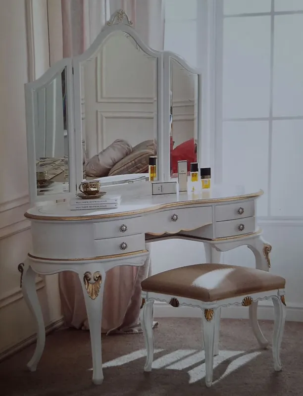 Preis Gesenkt Casa Padrino Conjunto de Dormitorio Barroco de Lujo Blanco / Oro - 1 Tocador Barroco y 1 Espejo de Pared Barroco y 1 Taburete Barroco - Muebles de Dormitorio - Calidad de Lujo - Hecho en Italia