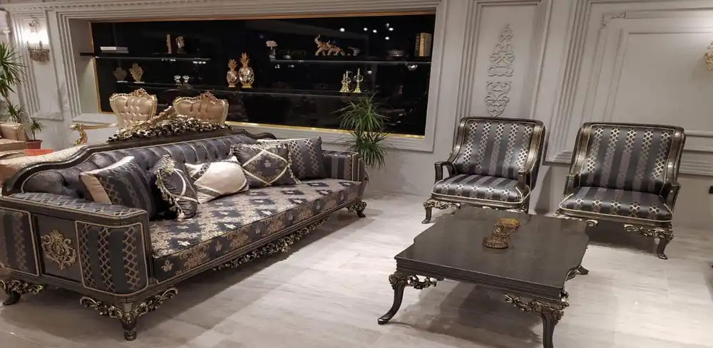 Top-Preis Casa Padrino conjunto de sala de estar barroco de lujo púrpura / gris / oro - 2 Sofás Barrocos y 2 Sillones Barrocos y 1 Mesa de Centro Barroco - Muebles de Salón Barrocos