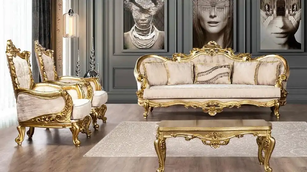 Casa Padrino conjunto de sala de estar barroco de lujo crema / oro - 2 Sofás Barrocos y 2 Sillones Barrocos y 1 Mesa de Centro Barroco - Muebles Barrocos Direkt Vom Hersteller