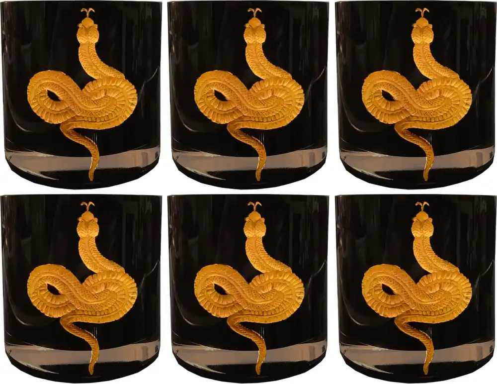 Casa Padrino conjunto de 6 copas de whisky serpiente negro / oro Ø 8 x A. 9 cm - Copas de whisky hechos y grabados a mano - Accesorios para Hoteles y Restaurantes - Calidad de Lujo Schnäppchen