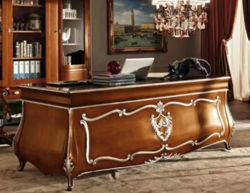 Letzte Chance Casa Padrino escritorio barroco de lujo marrón / plata - Mesa de oficina de madera maciza noble - Muebles de oficina barrocos - Calidad de Lujo - Hecho en Italia