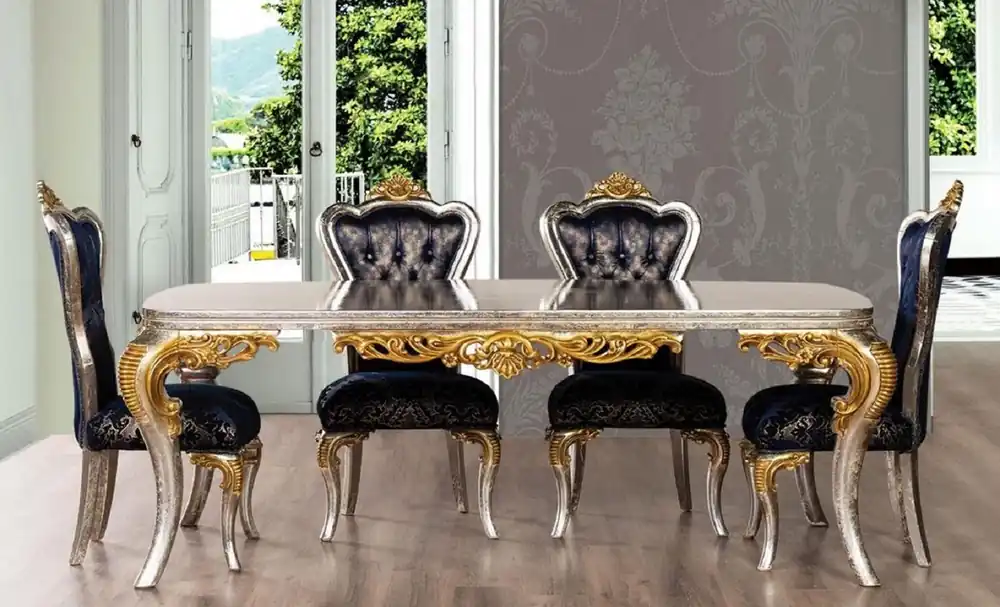 Günstig Casa Padrino conjunto de comedor barroco de lujo azul real / plata / oro - 1 Mesa de Comedor Barroco y 6 Sillas de Comedor Barroco - Muebles de comedor en estilo barroco - Noble y Magnífico
