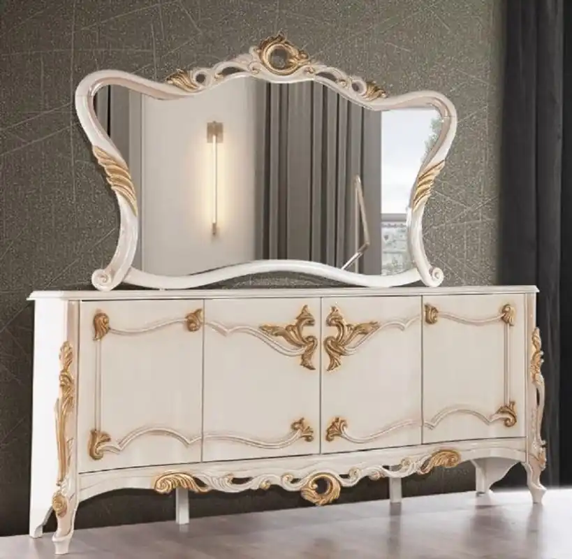 Direkt Vom Hersteller Casa Padrino conjunto de muebles barrocos de lujo blanco / beige / oro - 1 Aparador Barroco con 4 Puertas y 1 Espejo de Pared Barroco - Muebles Barroco - Noble y Magnífico