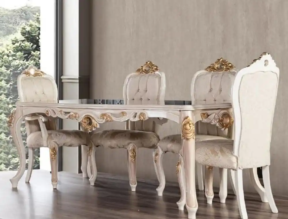 Letzte Chance Casa Padrino conjunto de comedor barroco de lujo gris / blanco / beige / oro - 1 Mesa de Comedor Barroco y 6 Sillas de Comedor Barroco - Muebles de comedor barroco - Noble y Magnífico