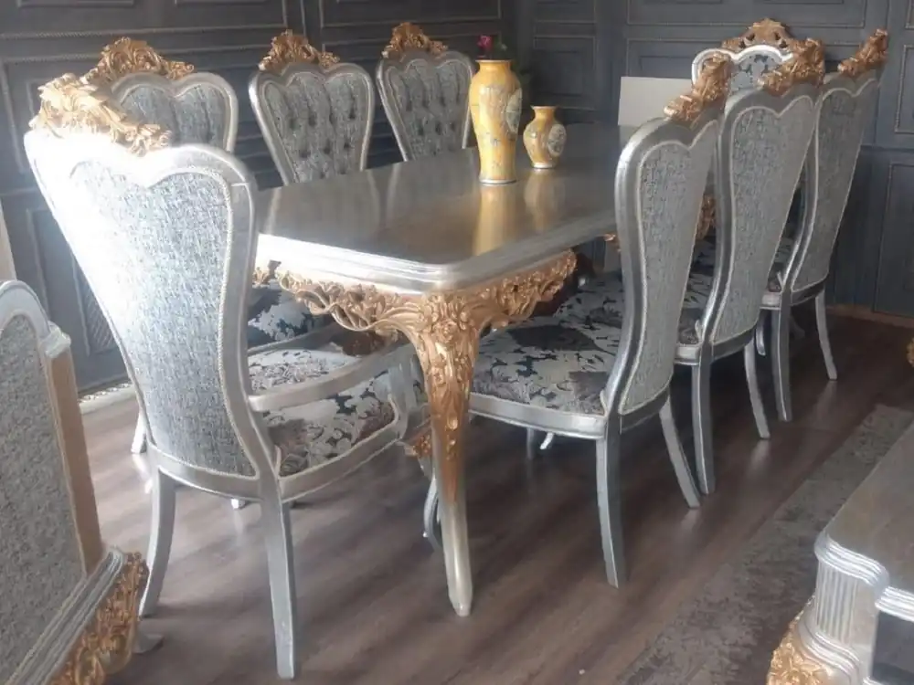 Casa Padrino conjunto de comedor barroco de lujo azul / blanco / plata / cobre - 1 Mesa de Comedor Barroco y 6 Sillas de Comedor Barroco - Muebles de comedor en estilo barroco - Noble y Magnífico Saisonangebot