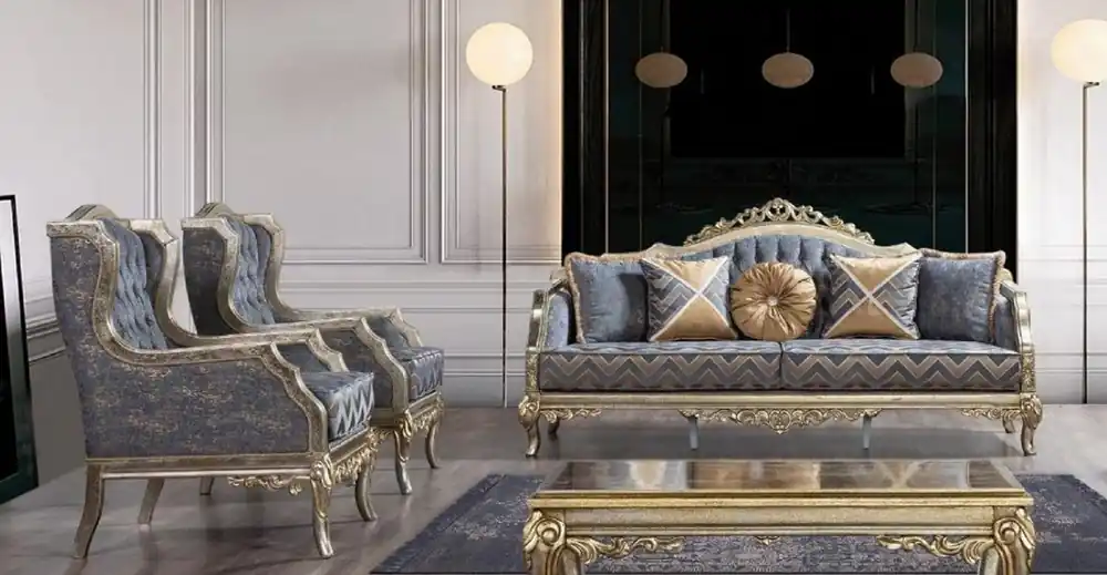 Preis Gesenkt Casa Padrino conjunto de sala de estar barroco de lujo azul / plata / oro - 2 Sofás Barrocos y 2 Sillones Barrocos y 1 Mesa de Centro Barroco - Muebles de salón barrocos