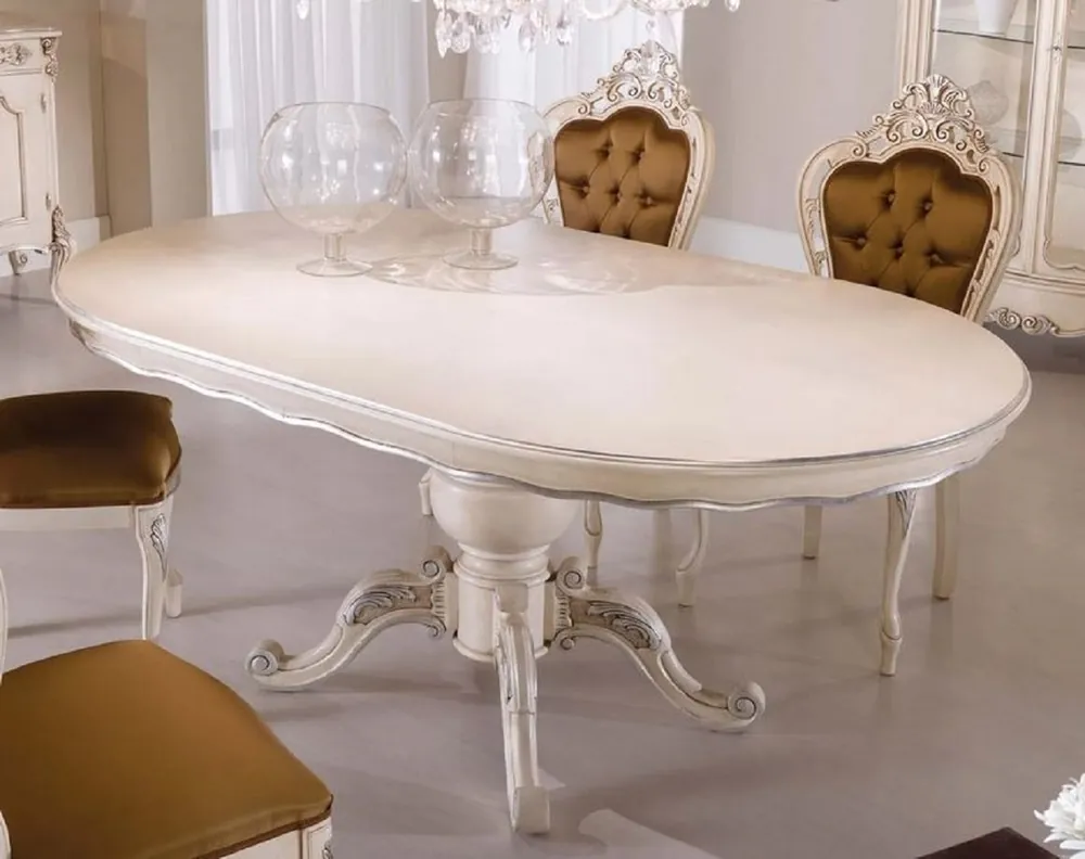 Finale Aktion Casa Padrino mesa de comedor barroco de lujo crema / plata - Mesa de comedor extensible ovalada de madera maciza de estilo barroco - Muebles de comedor barrocos - Calidad de Lujo - Hecho en Italia