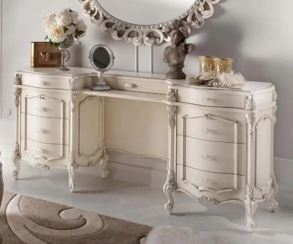 Casa Padrino tocador barroco de lujo crema / plata - Tocador noble de madera maciza con 9 cajones - Muebles de dormitorio barrocos - Calidad de Lujo - Hecho en Italia Neue Ware