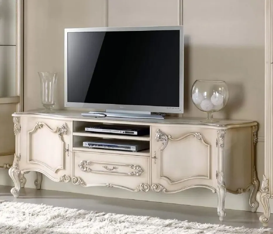 Casa Padrino gabinete de TV barroco de lujo crema / plata - Aparador hecho a mano de madera maciza con 2 puertas y cajón - Muebles de salón barrocos - Calidad de Lujo - Hecho en Italia Markenprodukt