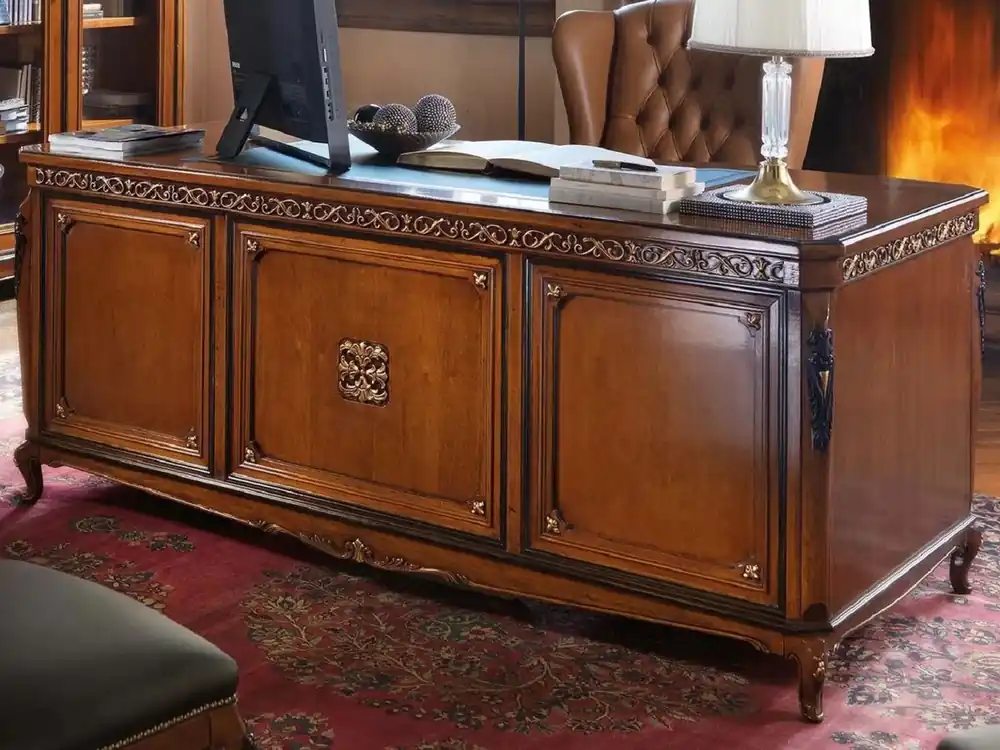 Nur Heute Casa Padrino escritorio barroco de lujo marrón - Mesa de oficina de madera maciza noble - Muebles de oficina barrocos - Calidad de Lujo - Hecho en Italia