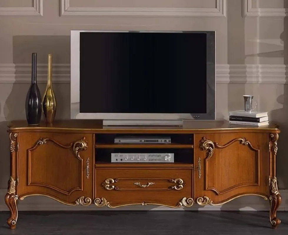 Casa Padrino gabinete de TV barroco de lujo marrón / oro - Aparador hecho a mano de madera maciza con 2 puertas y cajón - Muebles de salón barrocos - Calidad de Lujo - Hecho en Italia Garantierte Lieferung