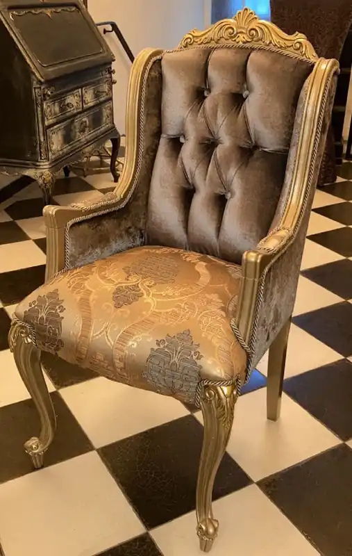Echt Casa Padrino silla de comedor barroco de lujo con reposabrazos plata gris / oro - Magnífica silla de madera maciza barroco - Muebles de comedor barrocos