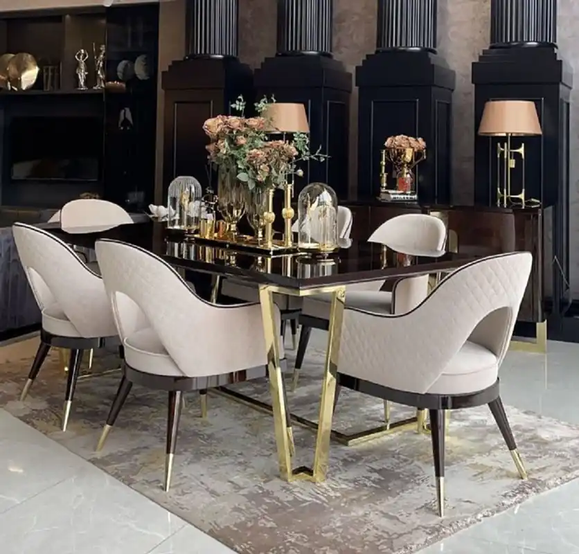 Casa Padrino Conjunto de 8 Sillas de Comedor Art Deco de Lujo Beige / Marrón Oscuro / Oro 58 x 65 x A. 90 cm - Muebles de Comedor y Restaurante Art Deco - Calidad de Lujo Solange Der Vorrat Reicht