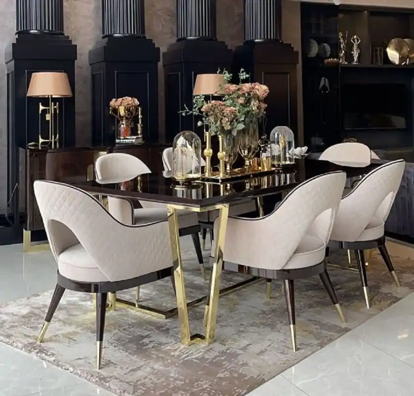 Kracherpreis Casa Padrino Conjunto de 6 Sillas de Comedor Art Deco de Lujo Beige / Marrón Oscuro / Oro 58 x 65 x A. 90 cm - Muebles de Comedor y Restaurante Art Deco - Calidad de Lujo