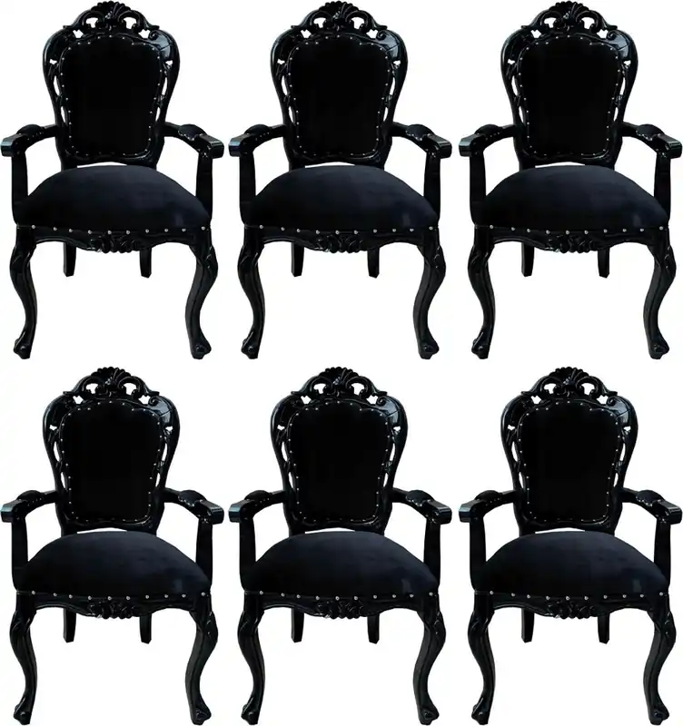 Casa Padrino conjunto de 6 sillas de comedor barrocos negro - Sillas de estilo antiguo hecho a mano con reposabrazos - Muebles de Comedor Barrocos Geprüft
