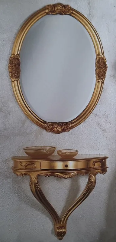 Sofort Bestellen Casa Padrino conjunto de muebles barrocos de lujo oro - 1 Consola de Pared Barroco con Cajón y 1 Espejo de Pared Barroco Ovalado - Muebles Barrocos de Hotel y Castillo - Hecho en Italia