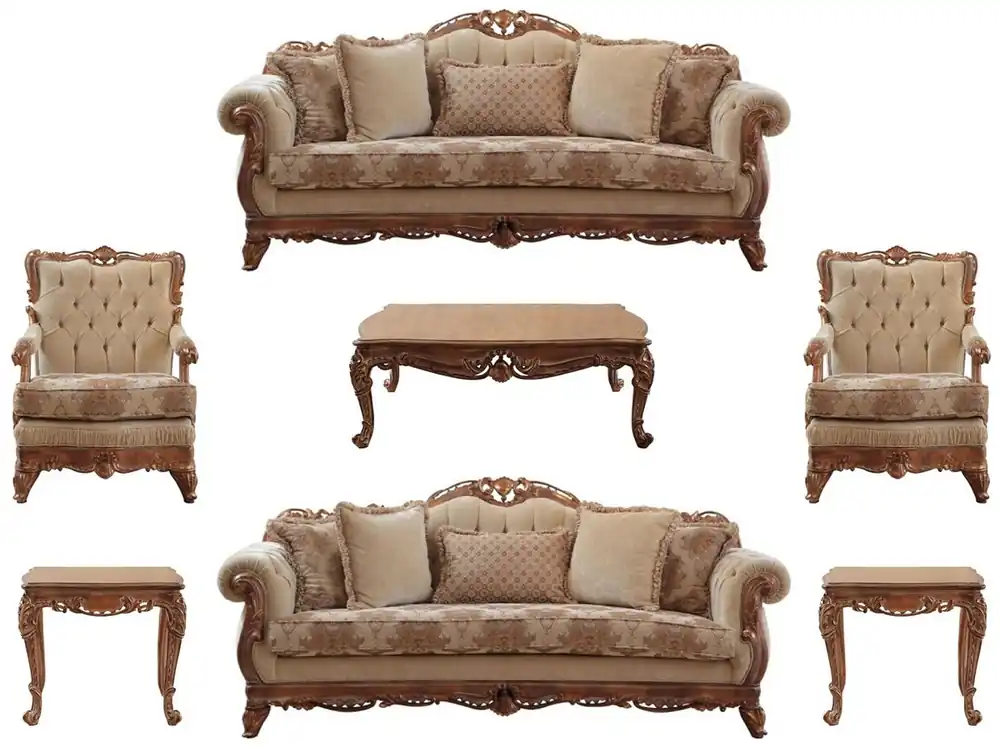 Direkt Vom Hersteller Casa Padrino conjunto de sala de estar barroco de lujo beige / marrón - 2 Sofás y 2 Sillones y 1 Mesa de Centro y 2 Mesas Auxiliares - Muebles de salón hechos a mano en estilo barroco