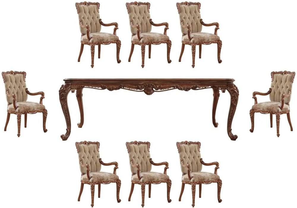 Casa Padrino conjunto de comedor barroco de lujo beige / marrón - 1 Mesa de Comedor Barroco y 8 Sillas de Comedor Barroco con Reposabrazos - Muebles de comedor estilo barroco - Noble y Magnífico Neue Kollektion