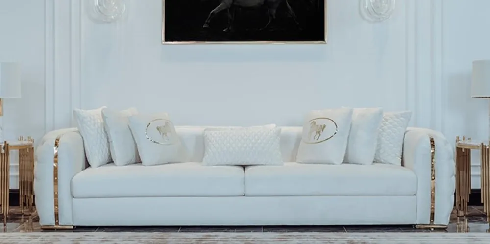 Preisknaller Casa Padrino Sofá de Lujo Blanco / Oro 265 x 83 x A. 73 cm - Sofá de Salón Moderno - Muebles de Salón y Hotel - Colección de Lujo