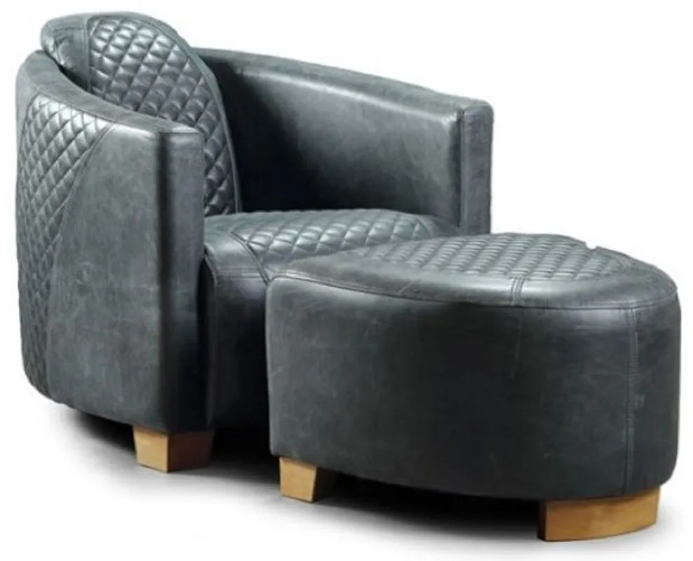 Günstig Casa Padrino sillón de cuero de lujo con reposapiés azul vintage / marrón claro - Sillón de salón de cuero genuino con reposapiés de cuero genuino - Muebles de Salón - Muebles de Cuero Genuino