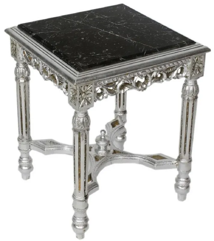 Markenware Casa Padrino mesa auxiliar barroco plata / negro - Mesa de madera maciza hecha a mano con tapa de mármol - Muebles de salón barrocos
