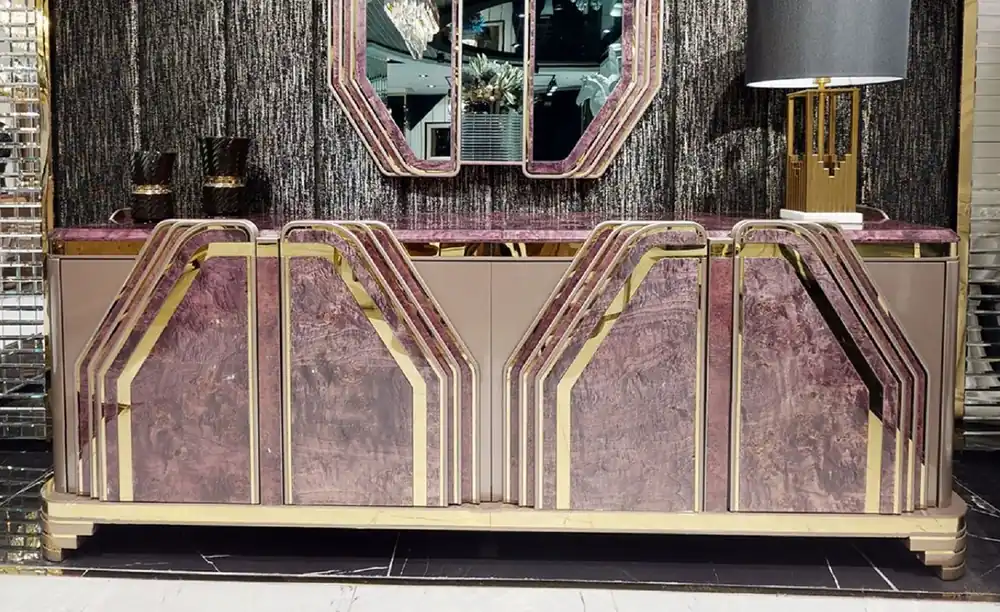 Direkt Vom Hersteller Casa Padrino aparador Art Deco de lujo púrpura / gris / oro - Magnífico armario de madera maciza con 4 puertas y aspecto de mármol - Muebles para Salón y Hotel Art Deco de Lujo