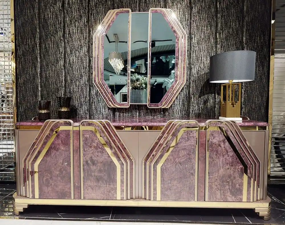 Casa Padrino Conjunto de Muebles Art Deco de Lujo Púrpura / Gris / Oro - 1 Aparador con 4 Puertas y 1 Espejo de Pared - Muebles Art Deco para Salón y Hotel - Colección de Lujo Sonderaktion