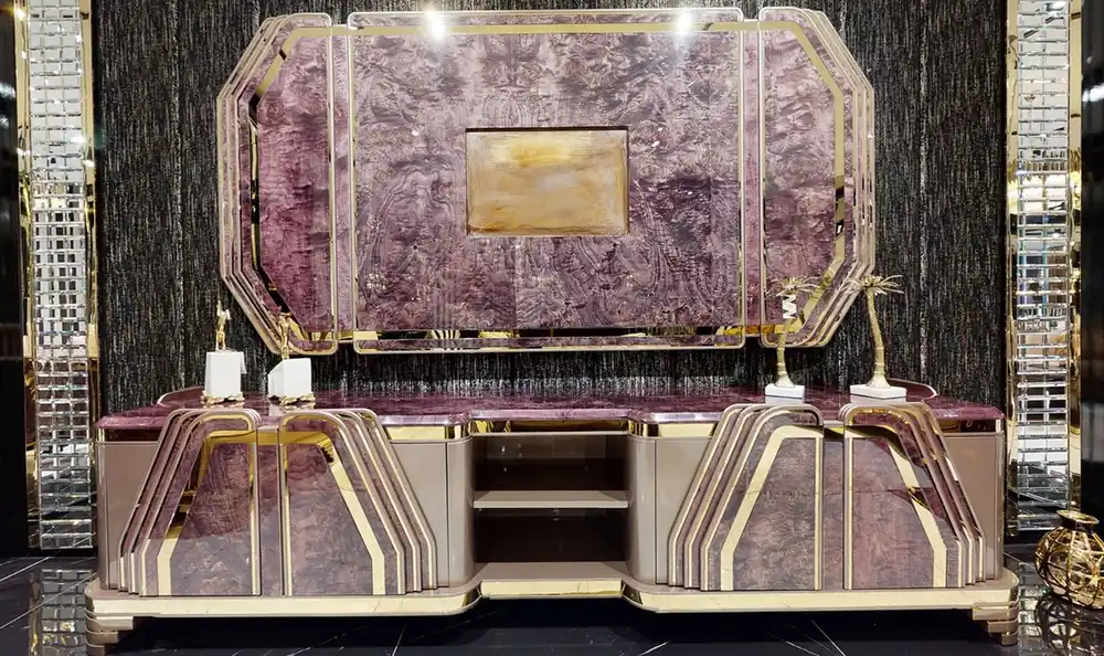 Casa Padrino armario de TV Art Deco de lujo púrpura / gris / oro - Magnífico aparador de salón con pared trasera de TV - Muebles de Salón Art Deco - Colección de Lujo Bestpreis