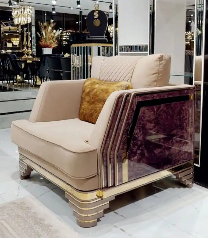 Sofort Bestellen Casa Padrino sillón Art Deco de lujo beige / púrpura / gris / oro - Sillón de salón noble con aspecto de mármol - Muebles de Hotel y Sala de Estar Art Deco de Lujo