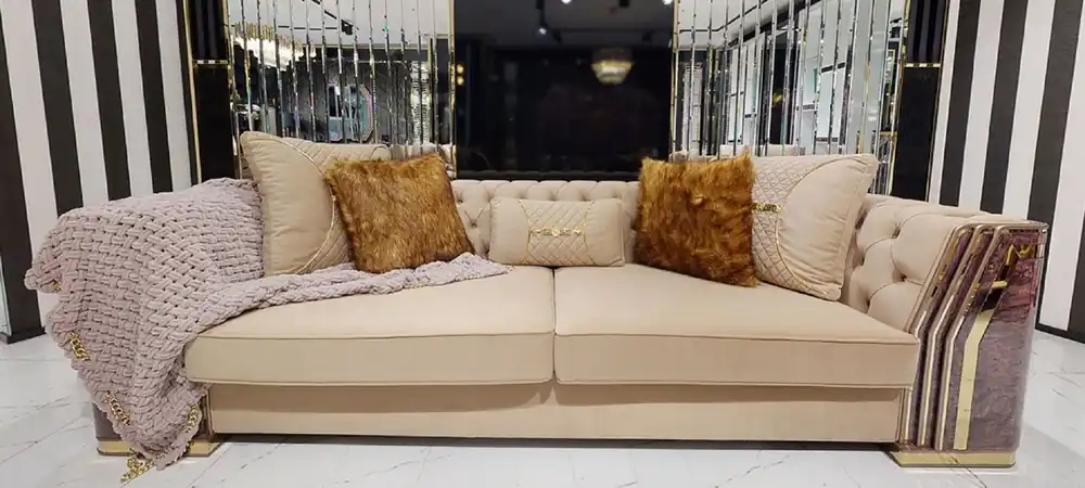 Casa Padrino sofá Art Deco Chesterfield de lujo beige / púrpura / gris / oro - Sofá de salón noble con aspecto de mármol - Muebles de Hotel y Sala de Estar Art Deco de Lujo Nur Für Kurze Zeit