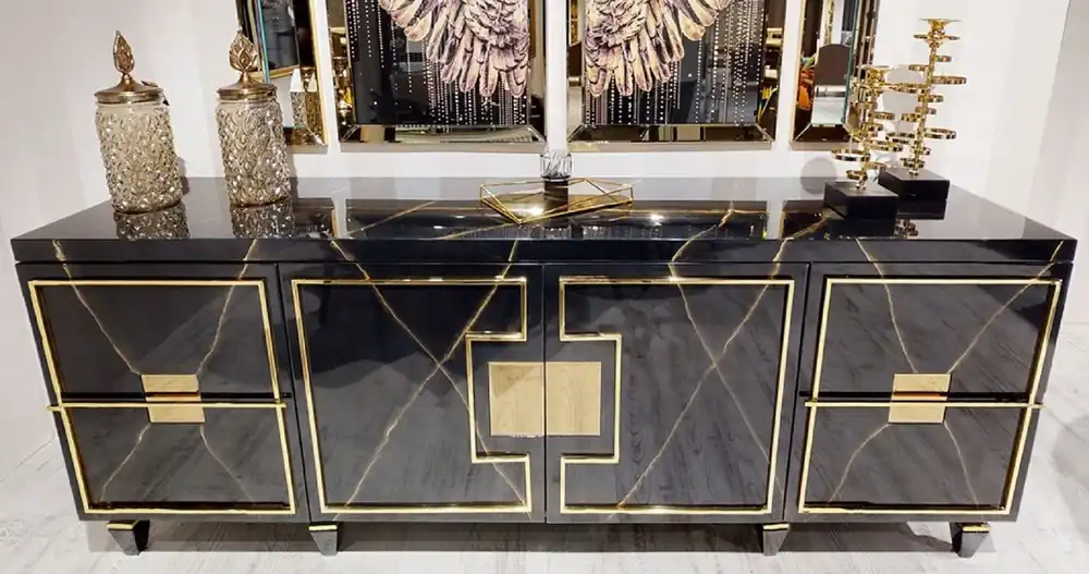 Markenprodukt Casa Padrino aparador Art Deco de lujo negro / oro - Armario noble de madera maciza con 4 puertas - Muebles para Salón y Hotel Art Deco de Lujo
