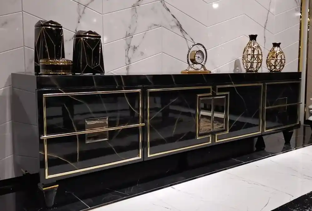 Casa Padrino gabinete TV Art Deco de lujo negro / oro - Aparador de madera maciza hecho a mano - Muebles de Salón y Hotel Art Deco de Lujo Nur Für Kurze Zeit