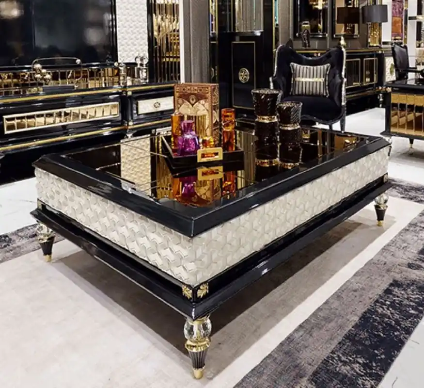 Casa Padrino mesa de centro Art Deco de lujo negro / crema / oro - Magnífica mesa de salón de madera maciza - Muebles de Salón Art Deco de Lujo Meistverkauft