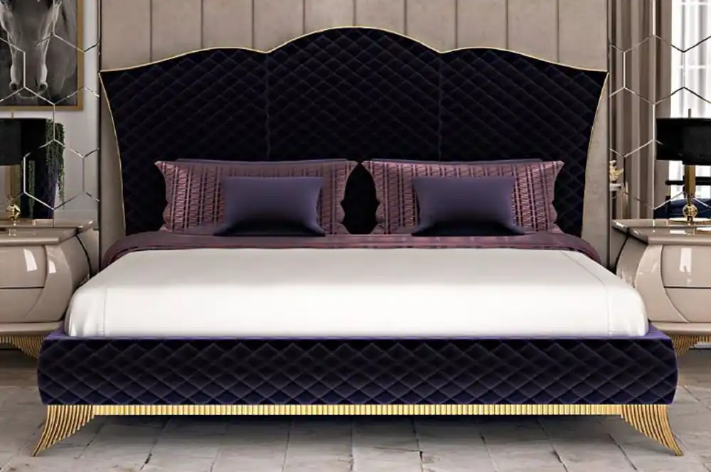 Casa Padrino cama doble Art Deco de lujo púrpura / oro - Cama noble de madera maciza con cabecera - Muebles de Dormitorio y Hotel Art Deco - Colección de Lujo Schneller Versand