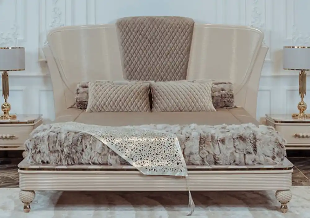 Casa Padrino cama doble Art Deco de lujo beige / gris / oro - Cama noble de madera maciza con cabecera - Muebles de Dormitorio y Hotel Art Deco - Colección de Lujo Billig