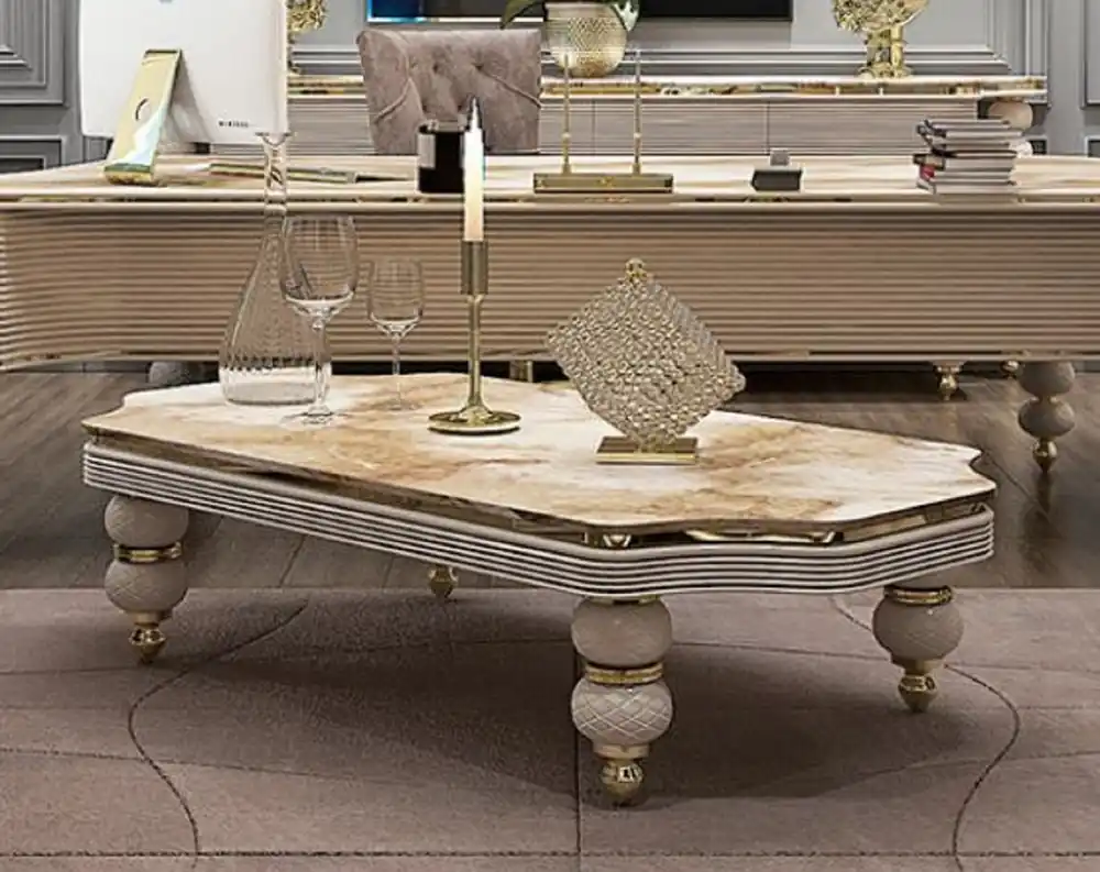 Sofort Bestellen Casa Padrino mesa de centro Art Deco de lujo blanco / beige / gris / oro - Mesa de salón con tapa de mármol artificial - Muebles de Salón y Hotel Art Deco - Colección de Lujo